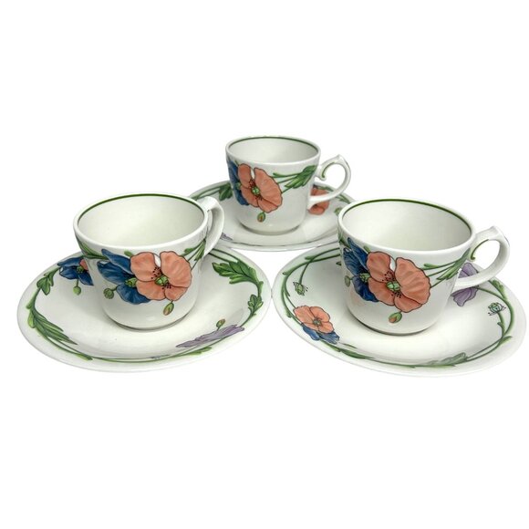 Villeroy & Boch Amapola Set Of 3 Tea Cups‎ & Saucers Vitro Porcelain Floral - Picture 1 of 10